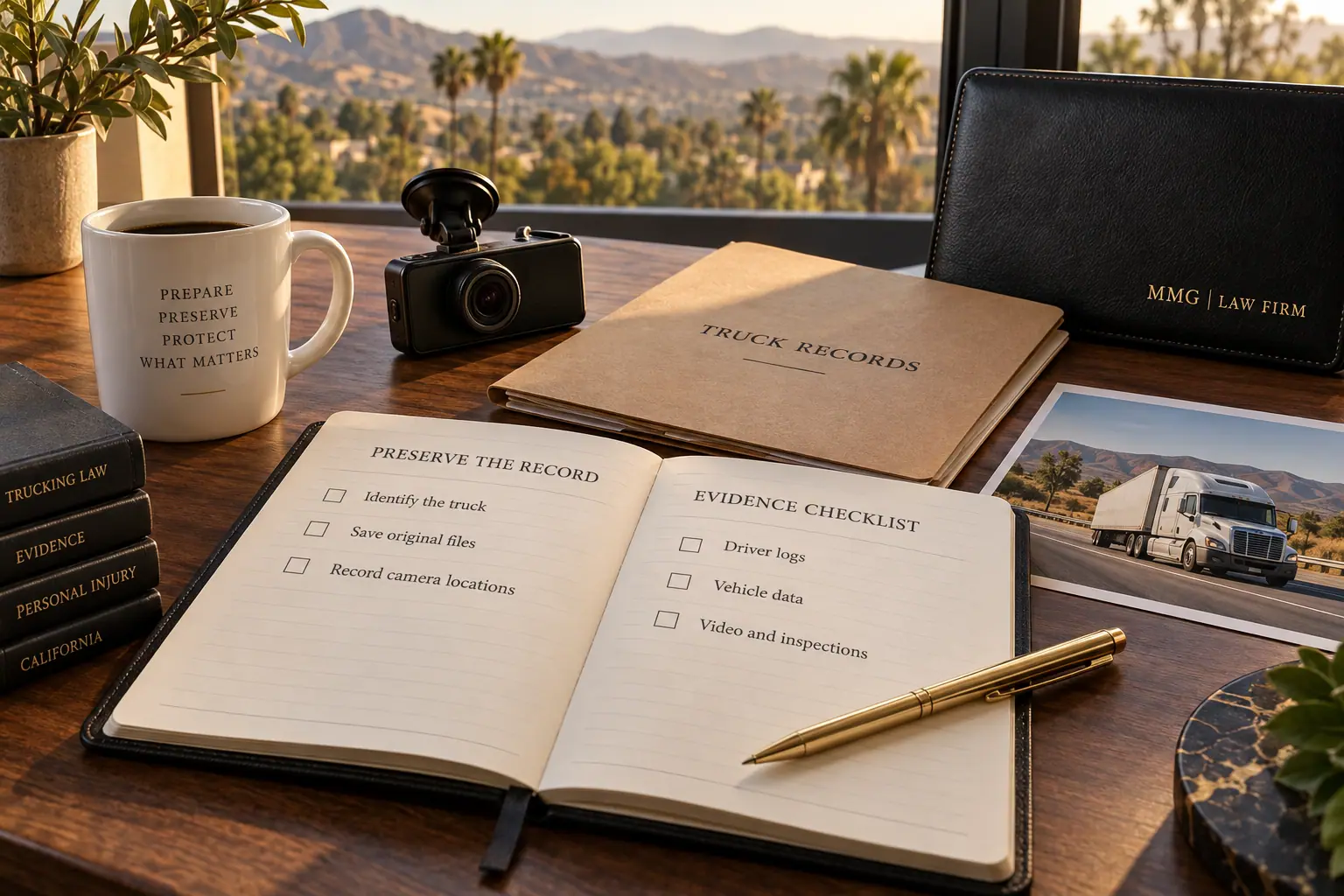 Truck-records notebook with an evidence checklist, dashcam and truck photograph beside a black MMG Law Firm folio.