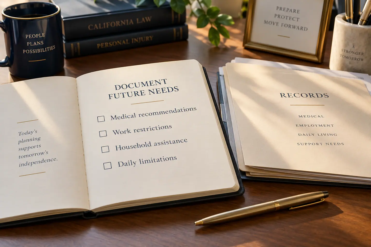 Open notebook titled Document future needs beside a records binder and California personal injury books.