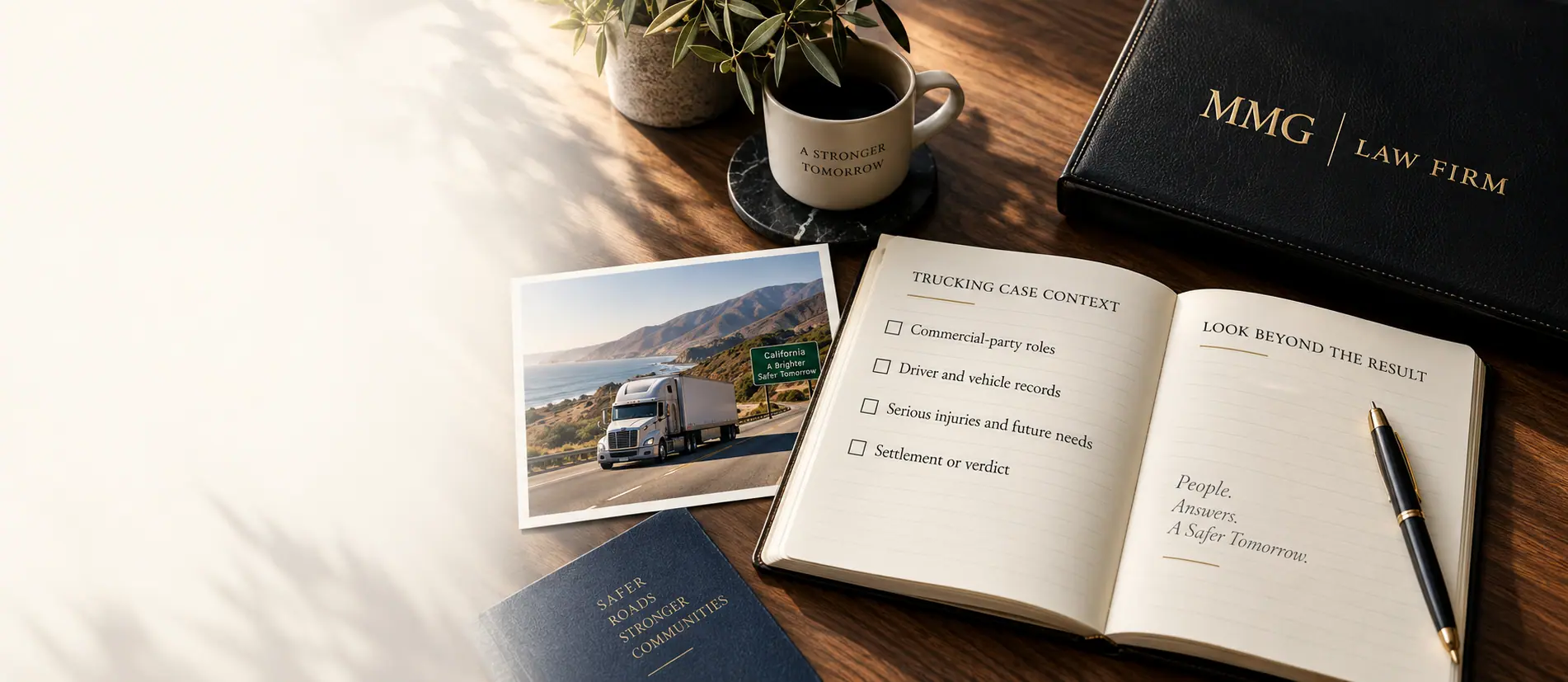 Trucking case-context notebook beside a photo of a truck on a California highway and a dark book bearing the MMG Law Firm logo.