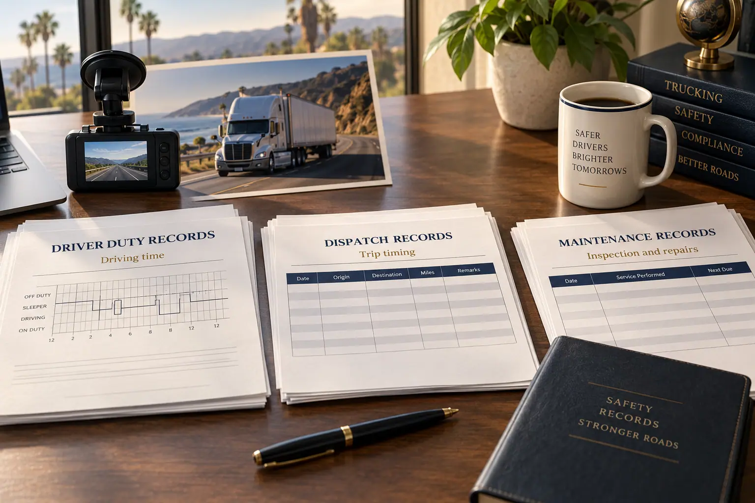 Driver duty records, dispatch records, and maintenance records on a desk beside a dash camera and a photo of a truck.