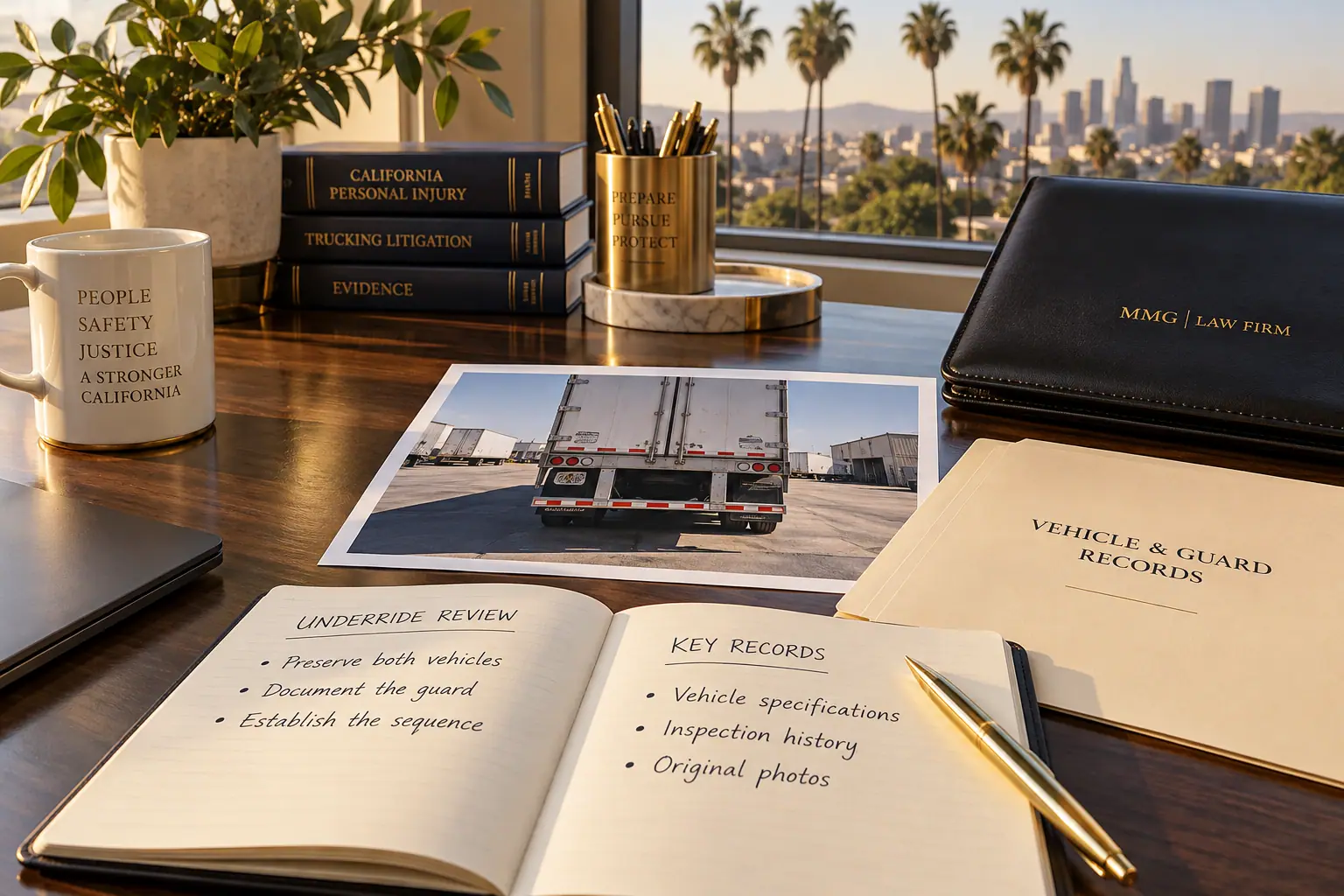 Underride review notebook and vehicle records beside a black MMG Law Firm folio.