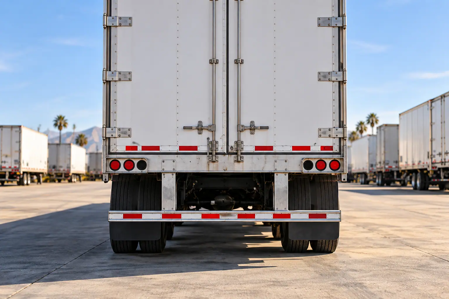 Rear of a parked semitrailer showing the rear-impact guard.