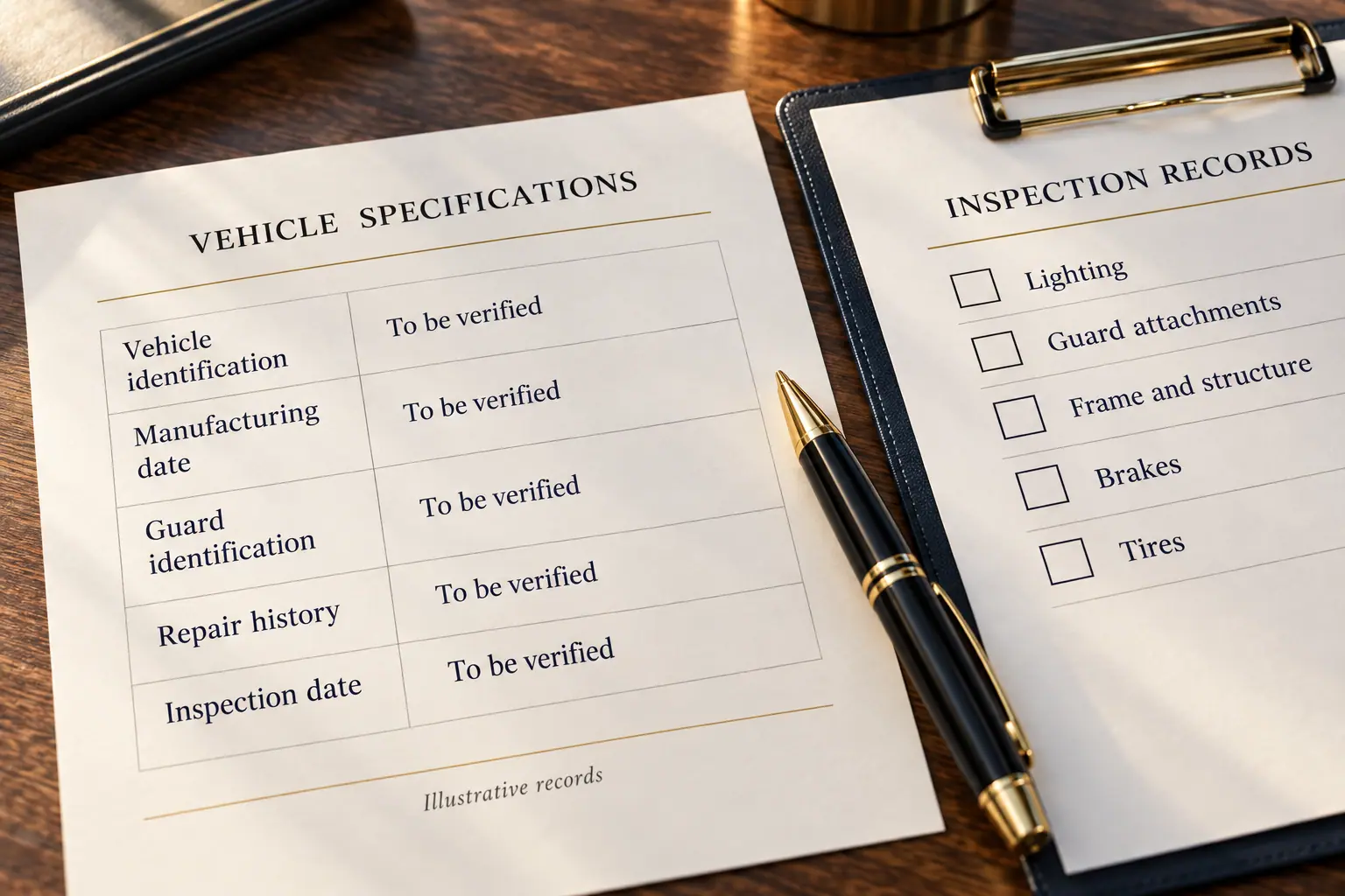 Vehicle specifications and inspection checklist on a desk.