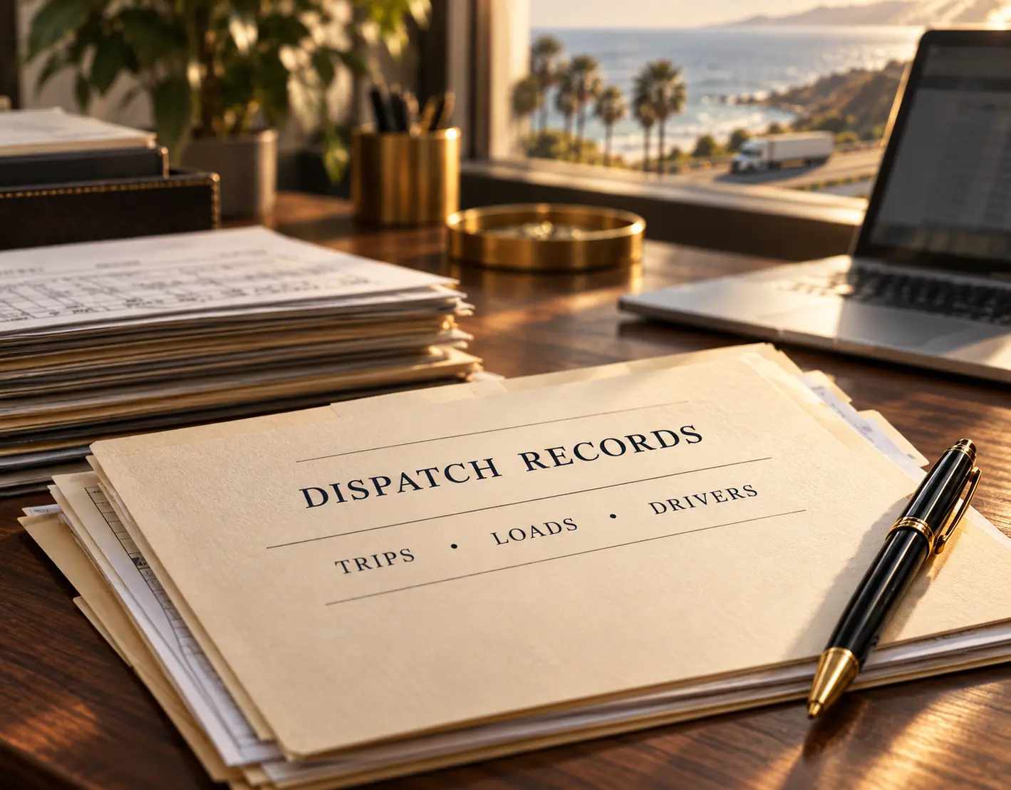 Stack of dispatch records listing trips, loads and drivers on a desk.
