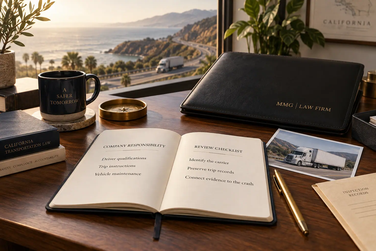 Company-responsibility notebook, California transportation law books and truck photograph beside a black MMG Law Firm folio, with a coastal highway beyond the window.
