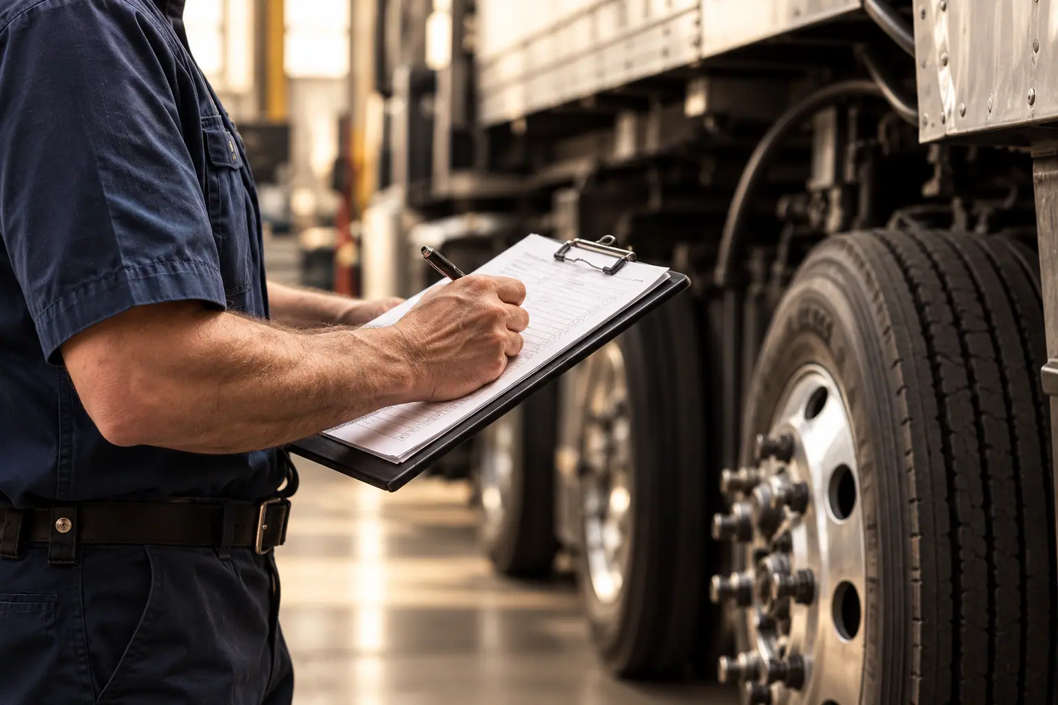 Mechanic completing an inspection checklist beside a truck tire.