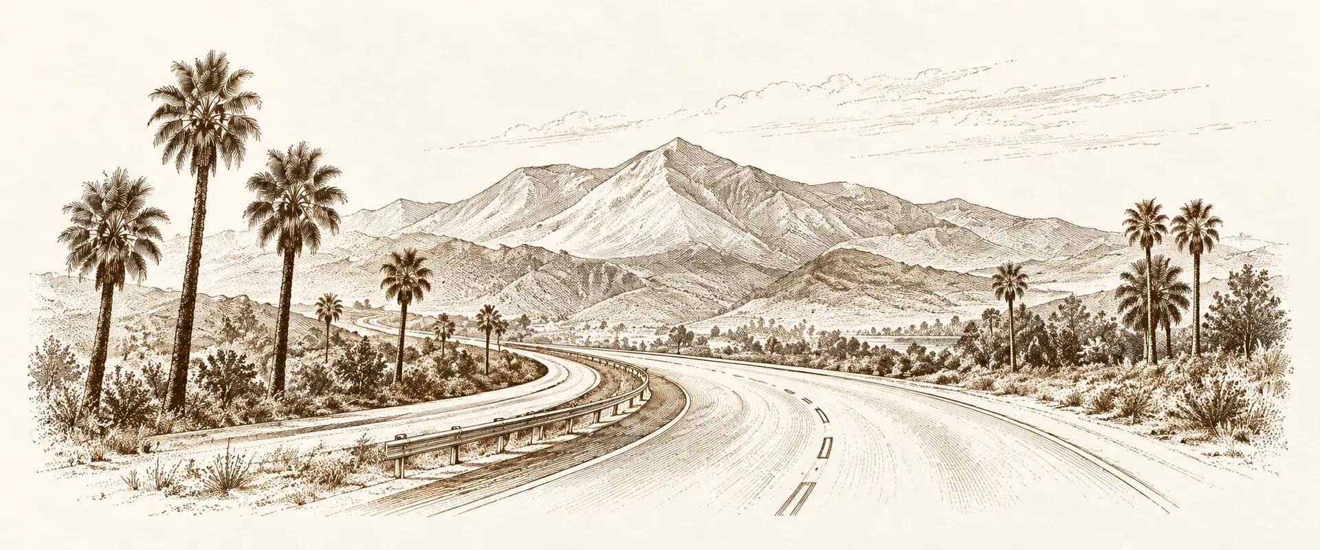 Pencil sketch of a California road winding between palm trees toward the mountains.