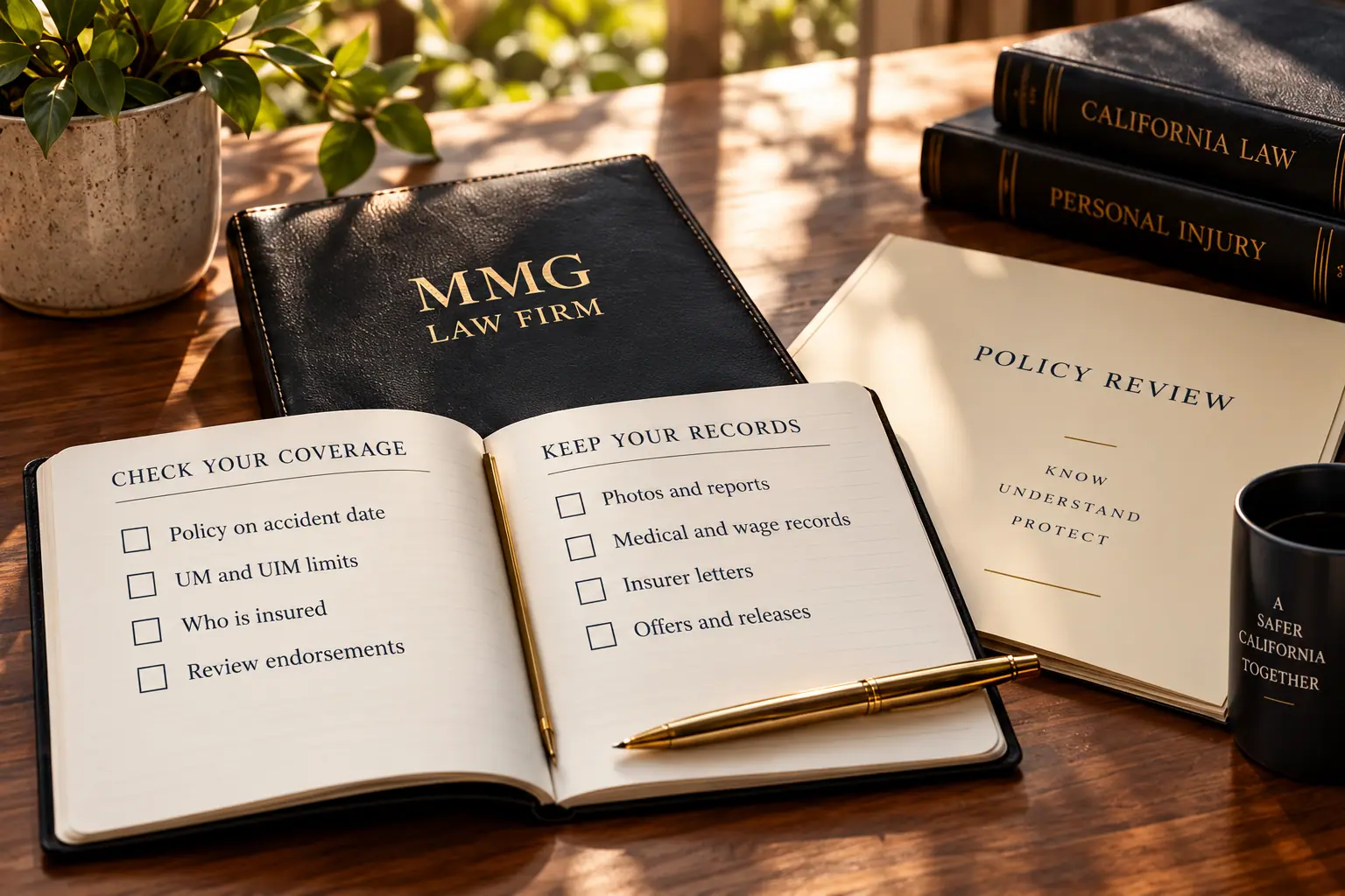 Open notebook with coverage and records checklists beside a black MMG Law Firm book and a policy review folder.