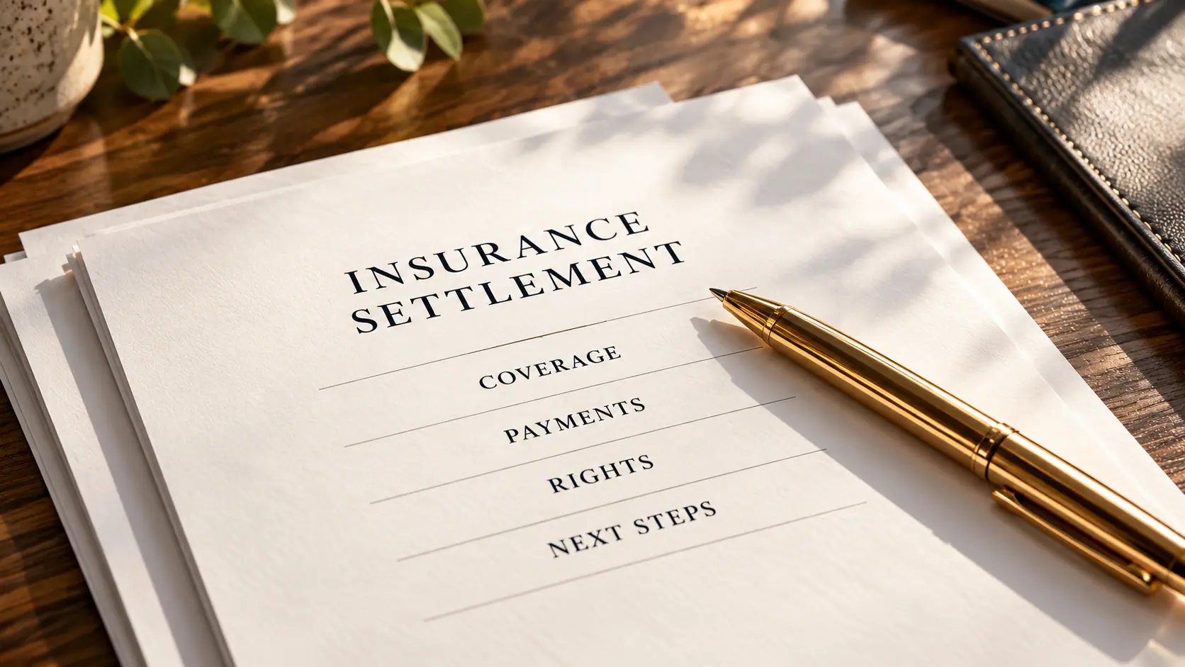Insurance settlement document listing coverage, payments, rights, and next steps, with a gold pen.